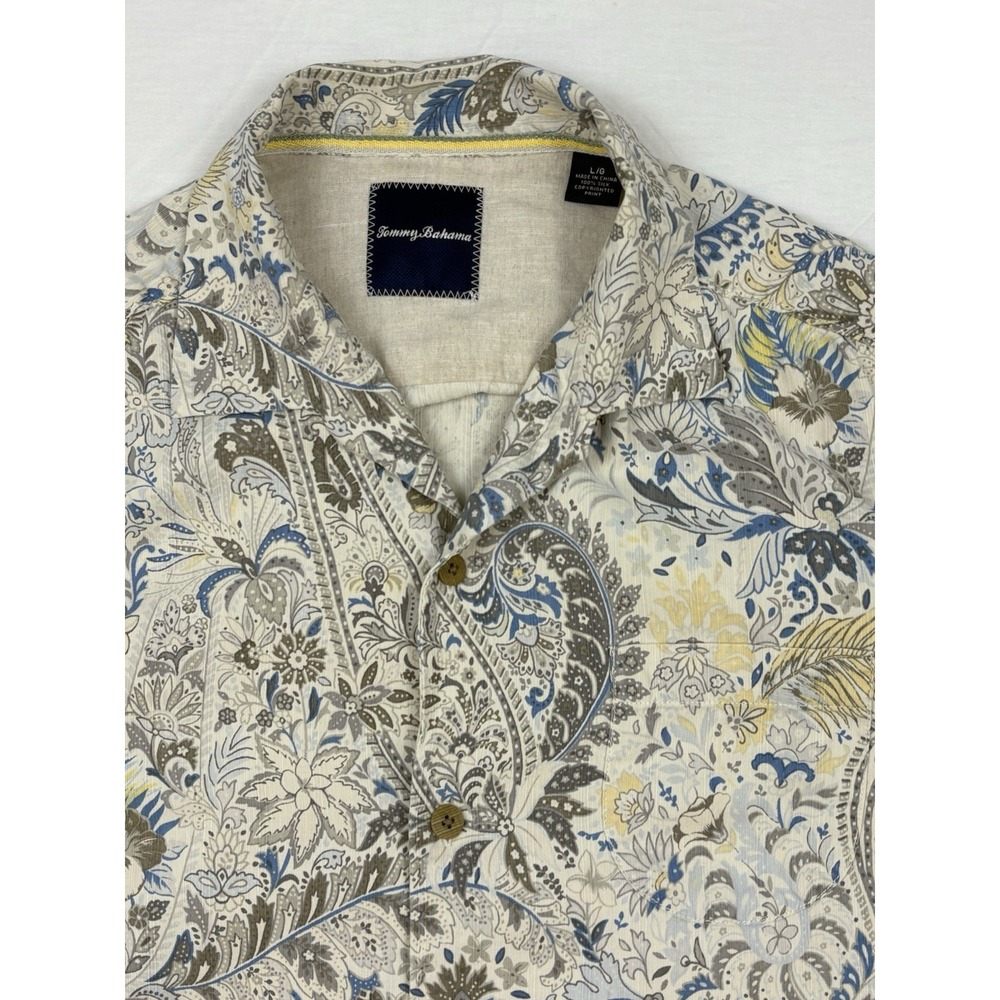 Tommy Bahama Silk Hawaiian Shirt Floral/Island Paisley Beige/Blue/Yellow Sz L